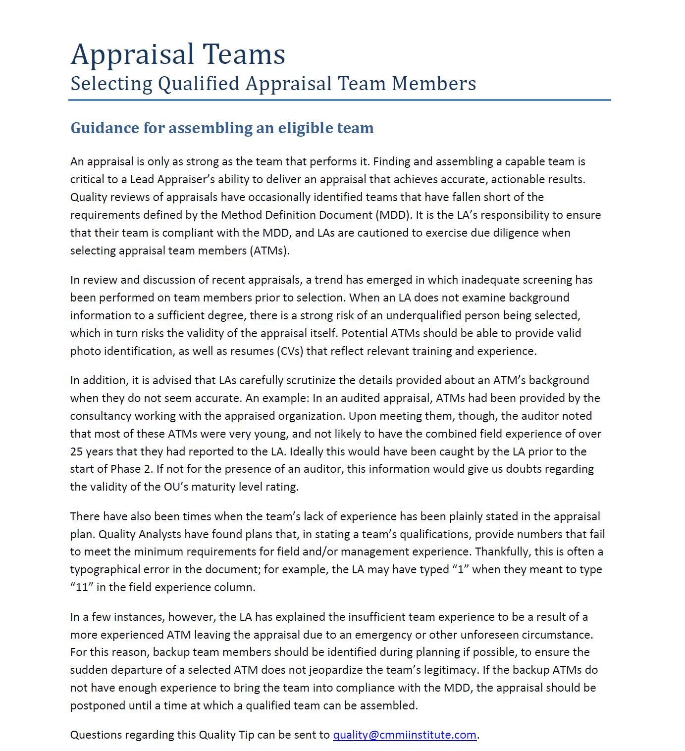 May 2018 Quality Tip - Appraisal Teams