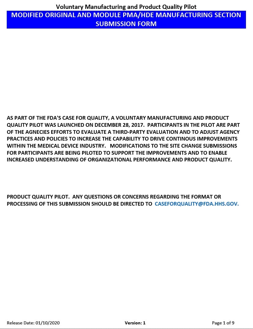 Streamlined PMA Manufacturing Module Submission